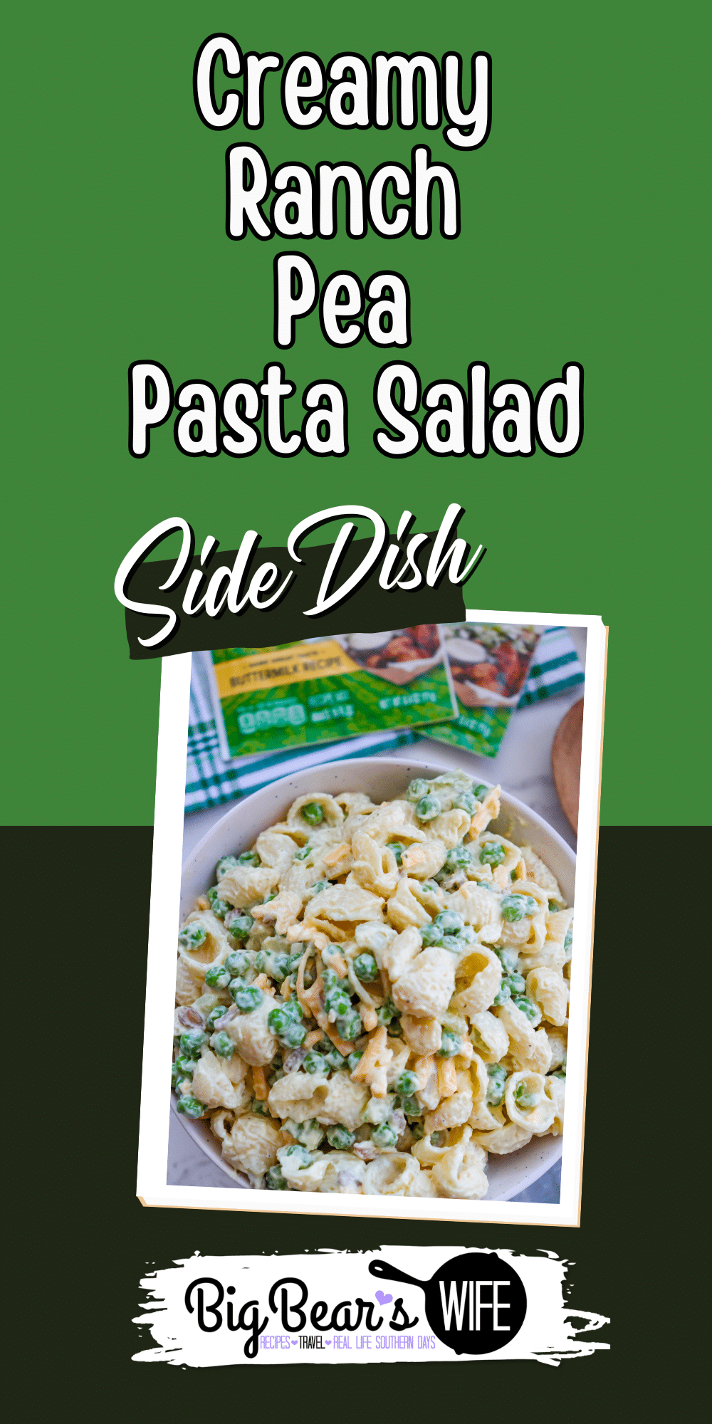 Creamy Ranch Pea Pasta Salad is a chilled pasta salad made with sweet peas, cheddar cheese, ranch seasoning, sunflower kernels, and celery. via @bigbearswife