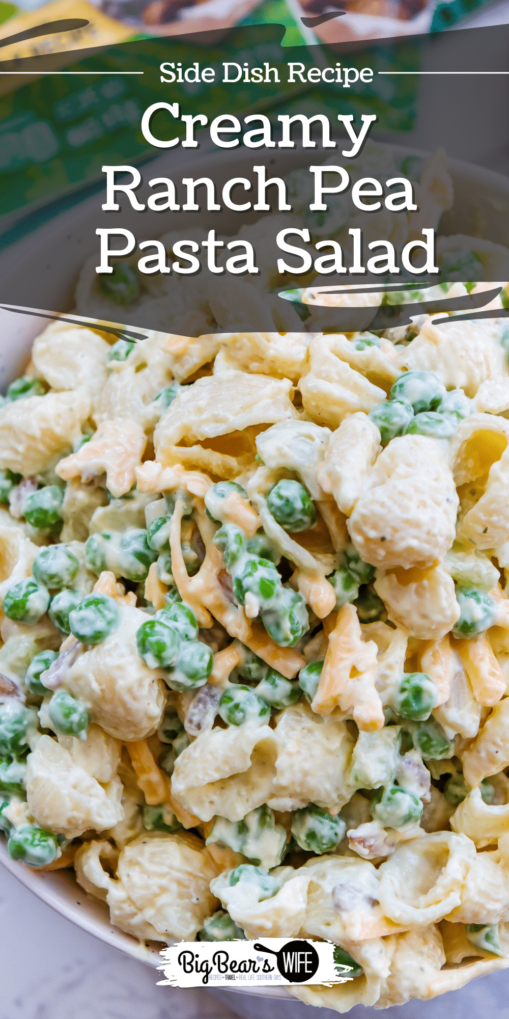 Creamy Ranch Pea Pasta Salad is a chilled pasta salad made with sweet peas, cheddar cheese, ranch seasoning, sunflower kernels, and celery. via @bigbearswife