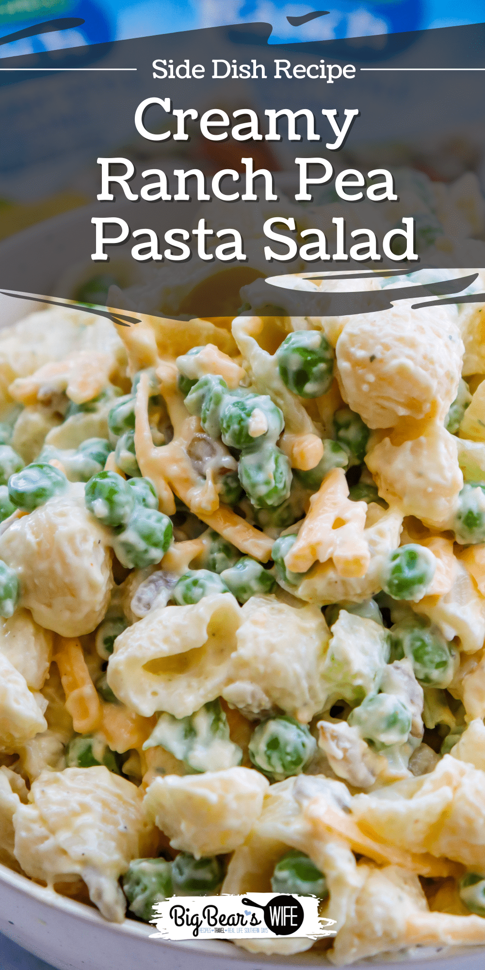 Creamy Ranch Pea Pasta Salad is a chilled pasta salad made with sweet peas, cheddar cheese, ranch seasoning, sunflower kernels, and celery. via @bigbearswife
