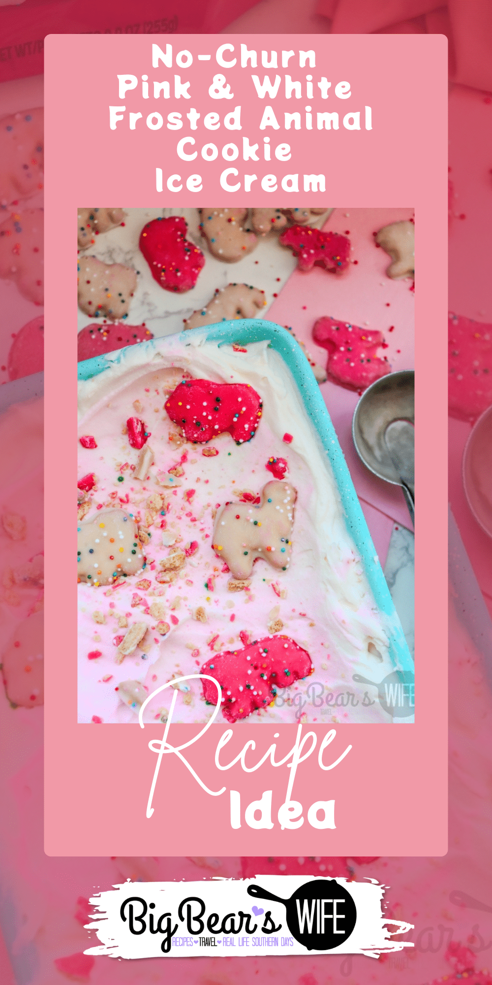 No-Churn Pink & White Frosted Animal Cookie Ice Cream via @bigbearswife