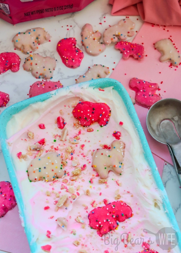 No-Churn Pink & White Frosted Animal Cookie Ice Cream