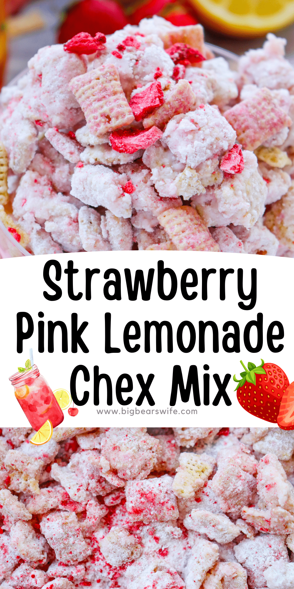 This Strawberry Pink Lemonade Chex Mix is a sweet, crunchy, no-bake summer snack mix made with Rice Chex, white chocolate, strawberry cake mix, pink lemonade powder, and freeze-dried strawberries. via @bigbearswife
