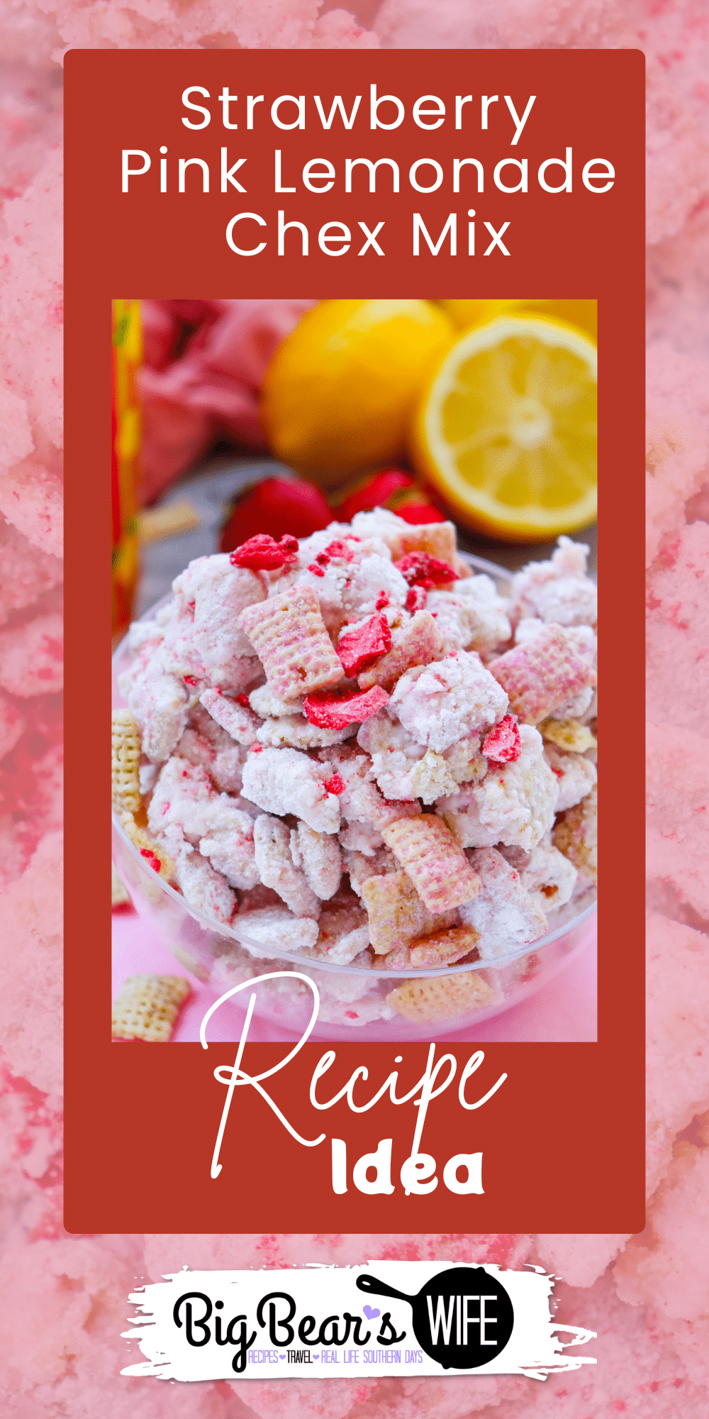 This Strawberry Pink Lemonade Chex Mix is a sweet, crunchy, no-bake summer snack mix made with Rice Chex, white chocolate, strawberry cake mix, pink lemonade powder, and freeze-dried strawberries. via @bigbearswife