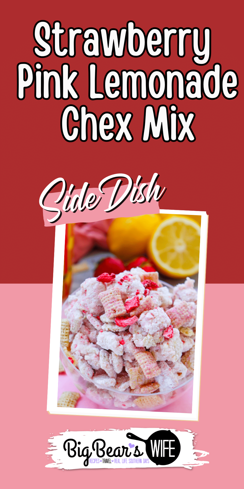 This Strawberry Pink Lemonade Chex Mix is a sweet, crunchy, no-bake summer snack mix made with Rice Chex, white chocolate, strawberry cake mix, pink lemonade powder, and freeze-dried strawberries. via @bigbearswife