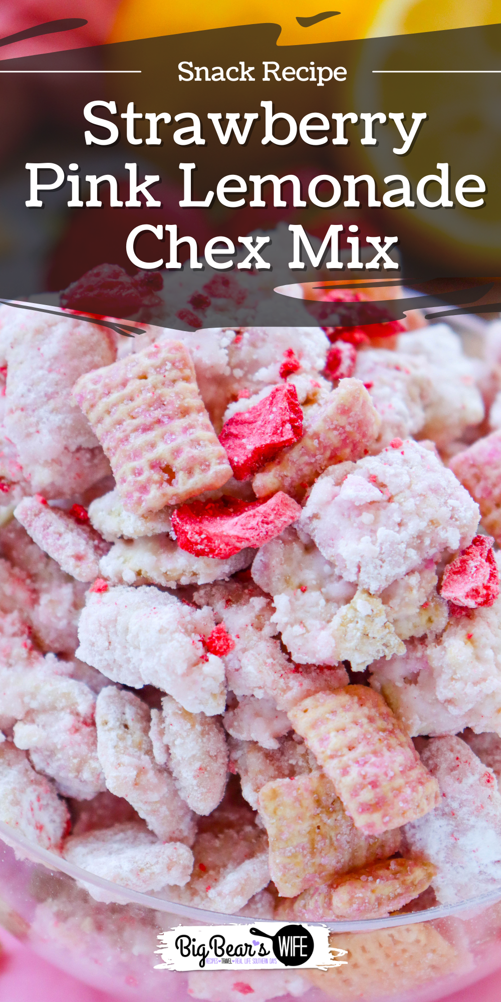 This Strawberry Pink Lemonade Chex Mix is a sweet, crunchy, no-bake summer snack mix made with Rice Chex, white chocolate, strawberry cake mix, pink lemonade powder, and freeze-dried strawberries. via @bigbearswife