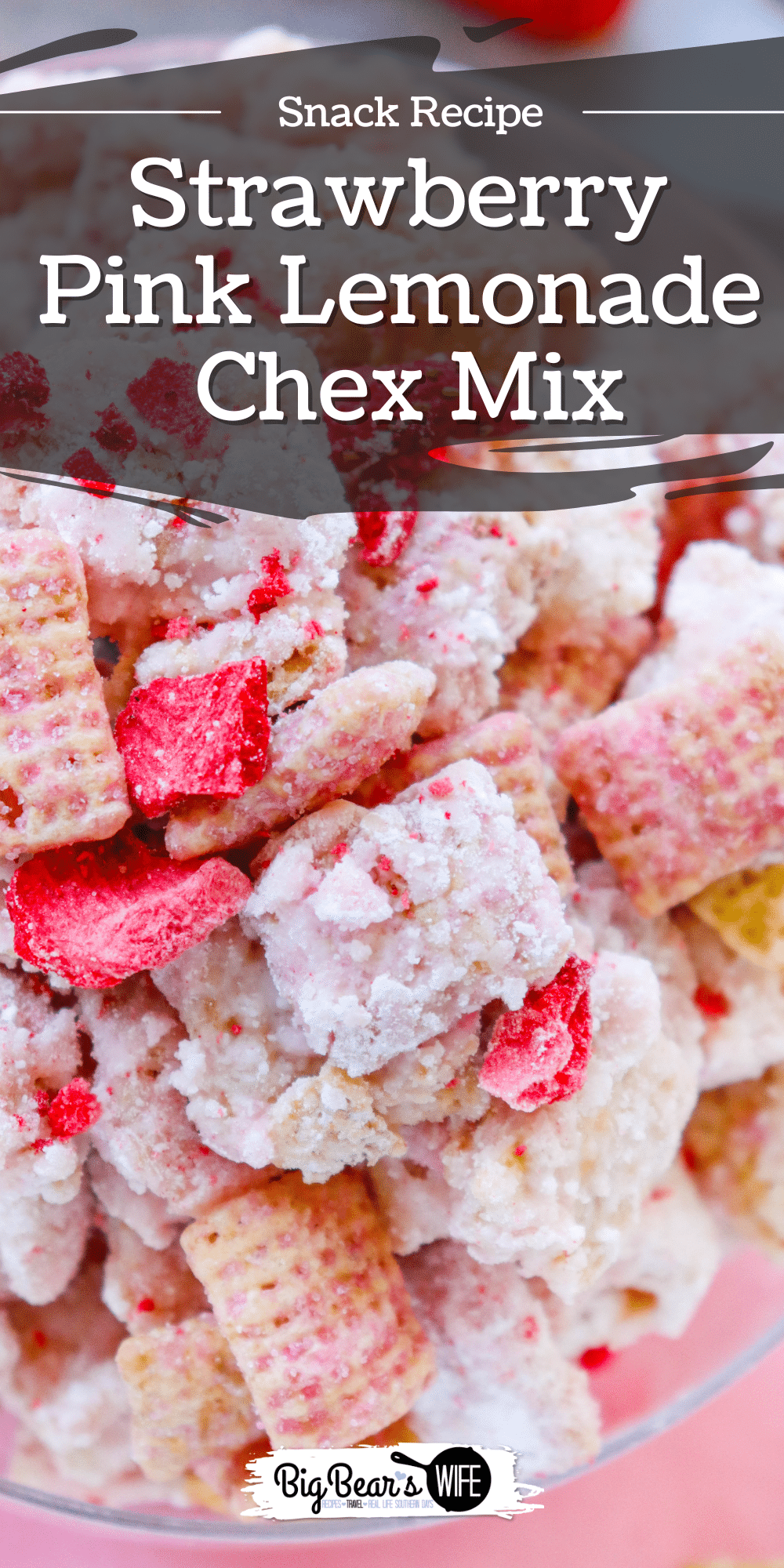 This Strawberry Pink Lemonade Chex Mix is a sweet, crunchy, no-bake summer snack mix made with Rice Chex, white chocolate, strawberry cake mix, pink lemonade powder, and freeze-dried strawberries. via @bigbearswife